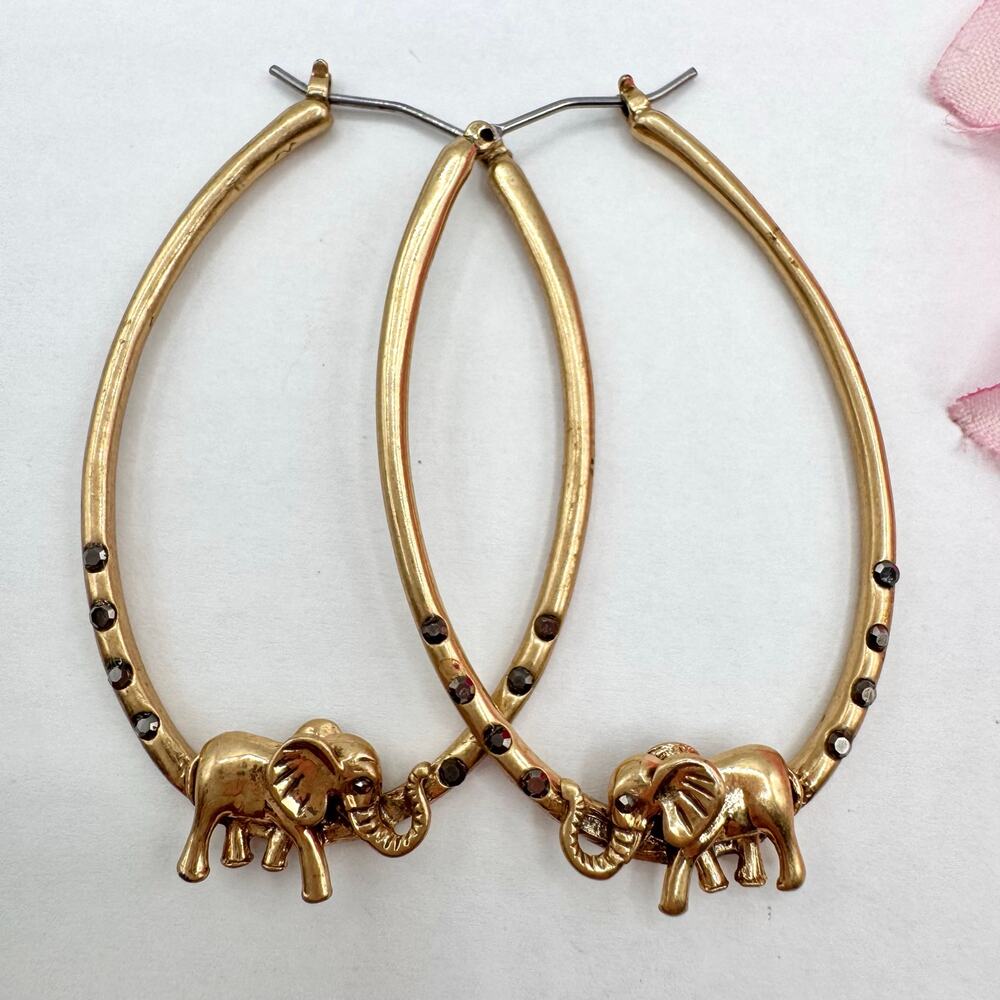 Vintage Lucky Brand Hoop Earrings Elephant Marcasite Trunk Up Good Luck Gem Eyes